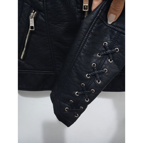 GUESS Moto Jacket Faux Leather Mink Fur Corset Laced XS Black Designer Assymetri - Picture 10 of 16